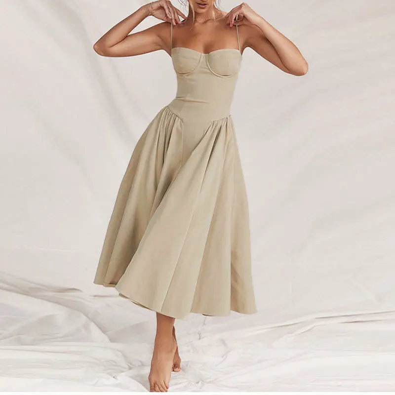Sexy Spaghetti Strap Long Dresses Slim French Vintage Elegant Style Dress