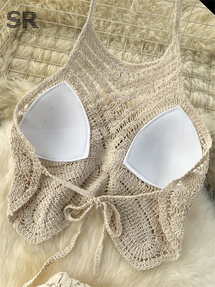 SINGREINY Vacation Two Piece Set Women Backless Camisole Halter Hollow Out Elastic Waist Long Skirt Summer Casual Knit Suit