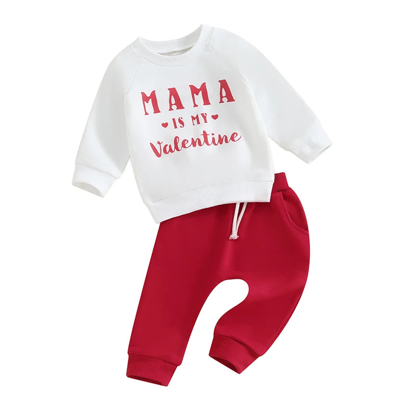 Valentine's Day Infant Baby Boys Pants Set Long Sleeve Letters Print Sweatshirt Elastic Waist Pants Outfit Suit