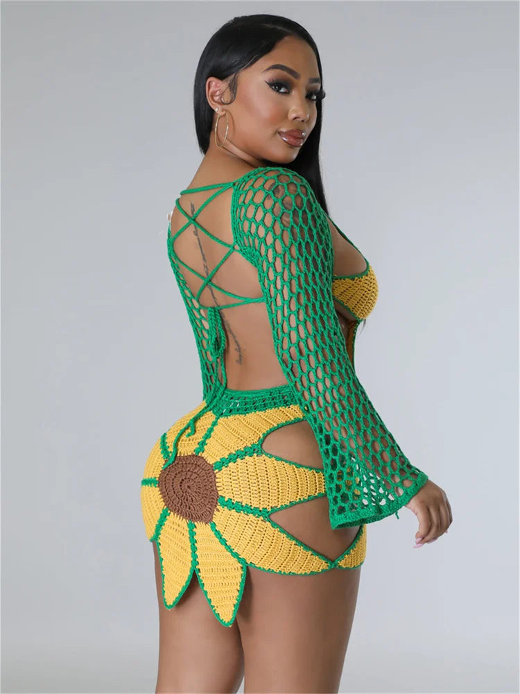 Crochet Sunflower Backless Hollow Tops+Skinny Skirt Beach Party Summer Trend Matching Suits
