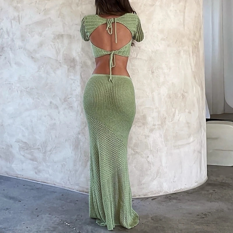 Bare Bliss Vintage Chic Tie-Up Backless Top + Hollow-Out Long Skirt Co-Ord
