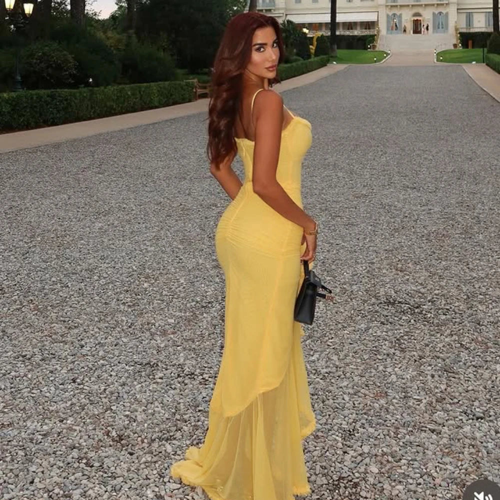 Irregular Ruffle Elegant Mesh Dress Yellow Long Dresses for Women