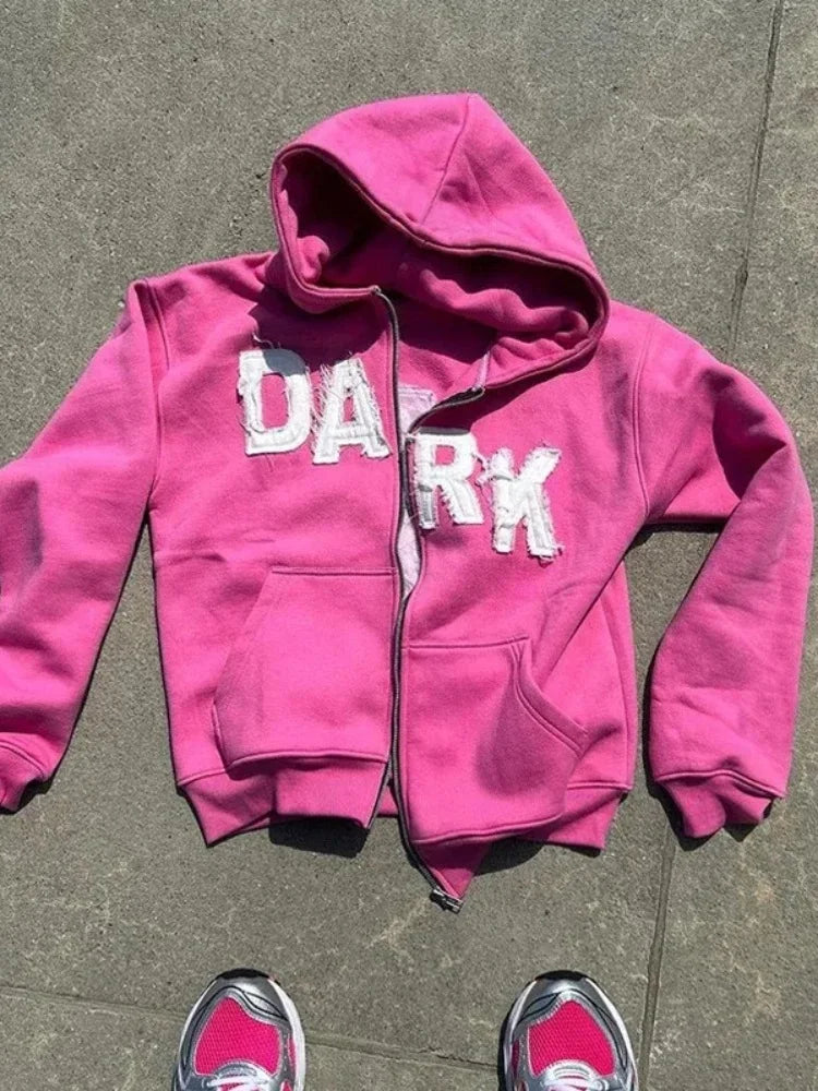 Y2K Hoodie Letter Patch Printed Zippered Hooded Sweatshirt Street Hip-hop Long Sleeved Cardigan Jacket Top Men Women's Clothing