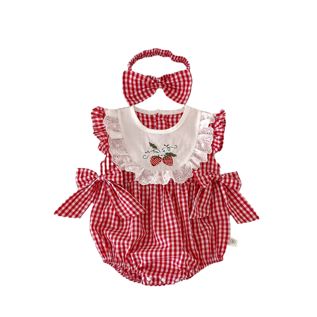 Baby Girls Romper+Headband Newborn Red Plaid Strawberry Embroidery Onesies
