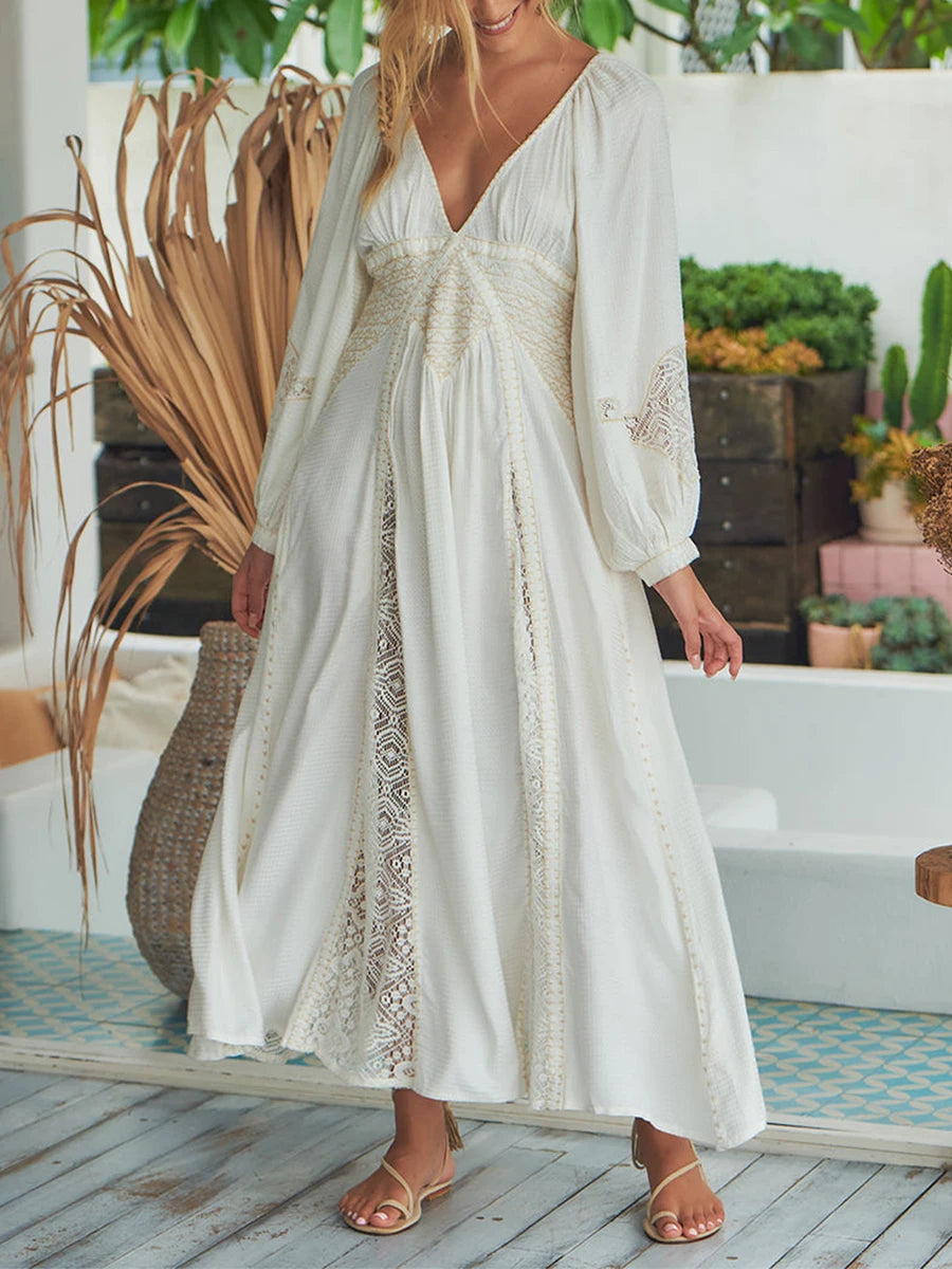 Women Long Dress Long Sleeve Dress V-Neck Lace Patchwork Loose Swing Dress