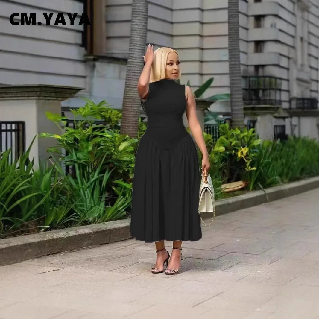 Women Ruched Side Sleeveless Pleated Maxi Dress