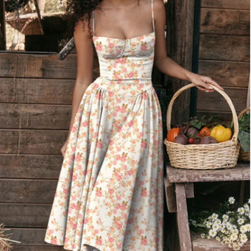 Sexy Spaghetti Strap Long Dresses Slim French Vintage Elegant Style Dress