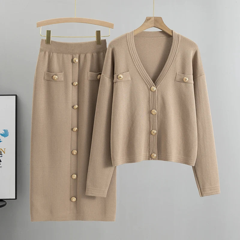 Elegant Knit Blazer Skirt Set Women Matching Set Vintage Knitted two piece