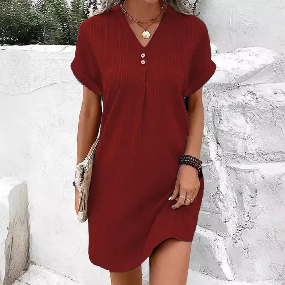 Summer Women Dress V Neck Button Short Sleeves Loose Casual Loose Fit Button Dress Summer Loose Lady Short Dress Women Dresses