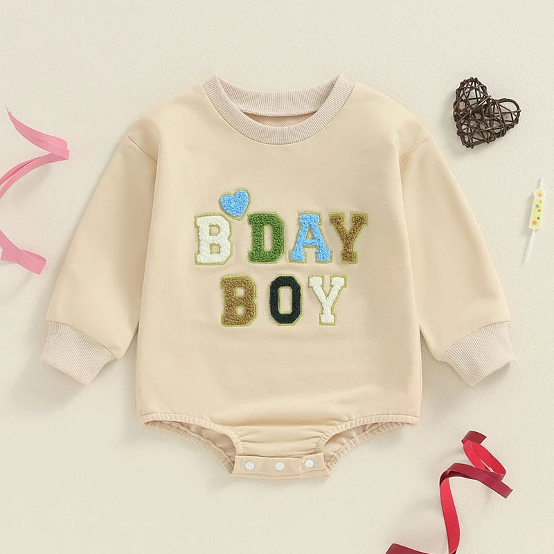 Baby Boys Girls Birthday Bodysuit Long Sleeve Letter Embroidery Playsuit Fall Clothes