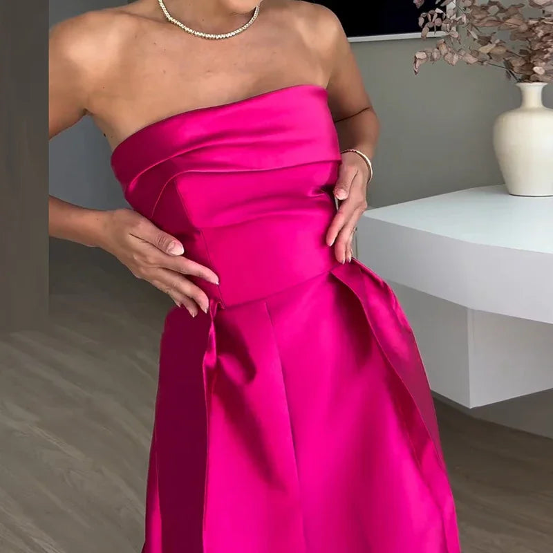 Sexy Elegant Off Shoulder Satin Spliced Hollow Out Party Dress Women's Summer Backless Red Chic Banquet Evening Dresses 2025 New