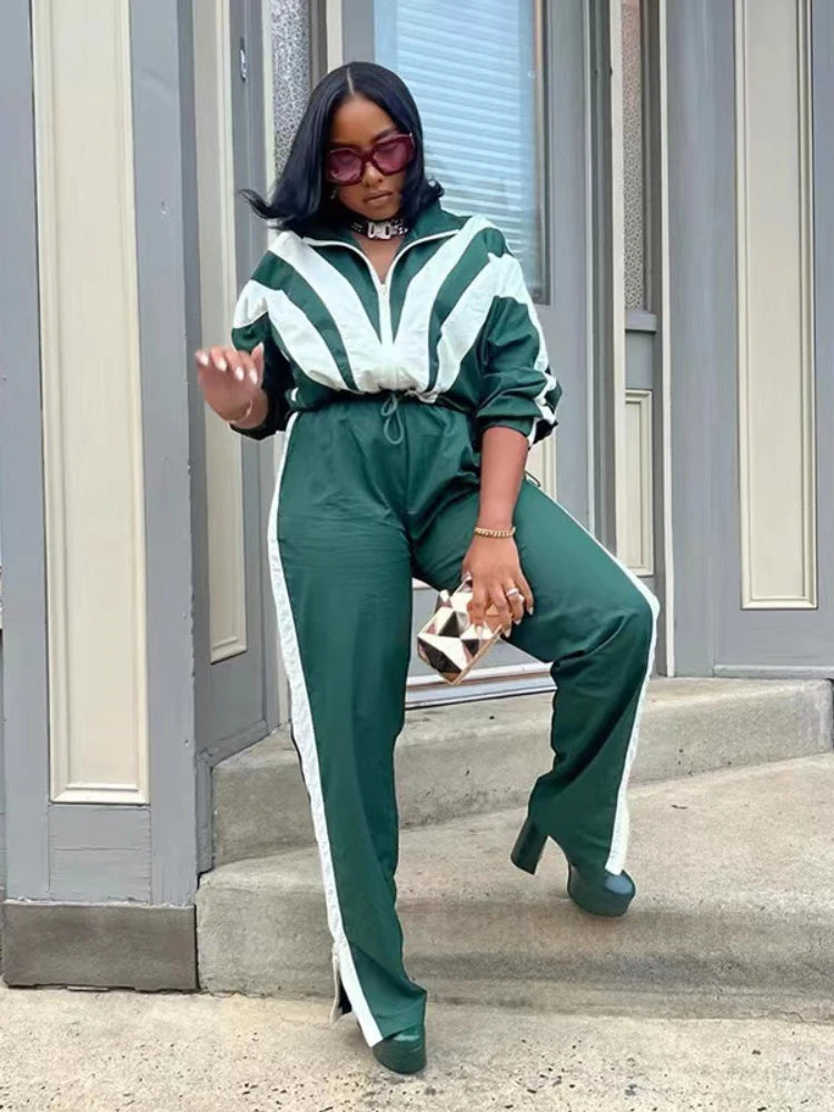Women Zipper Coat Side Striped Jogging Pants Matching Set Autumn Workout Activewear Sport Tracksuit