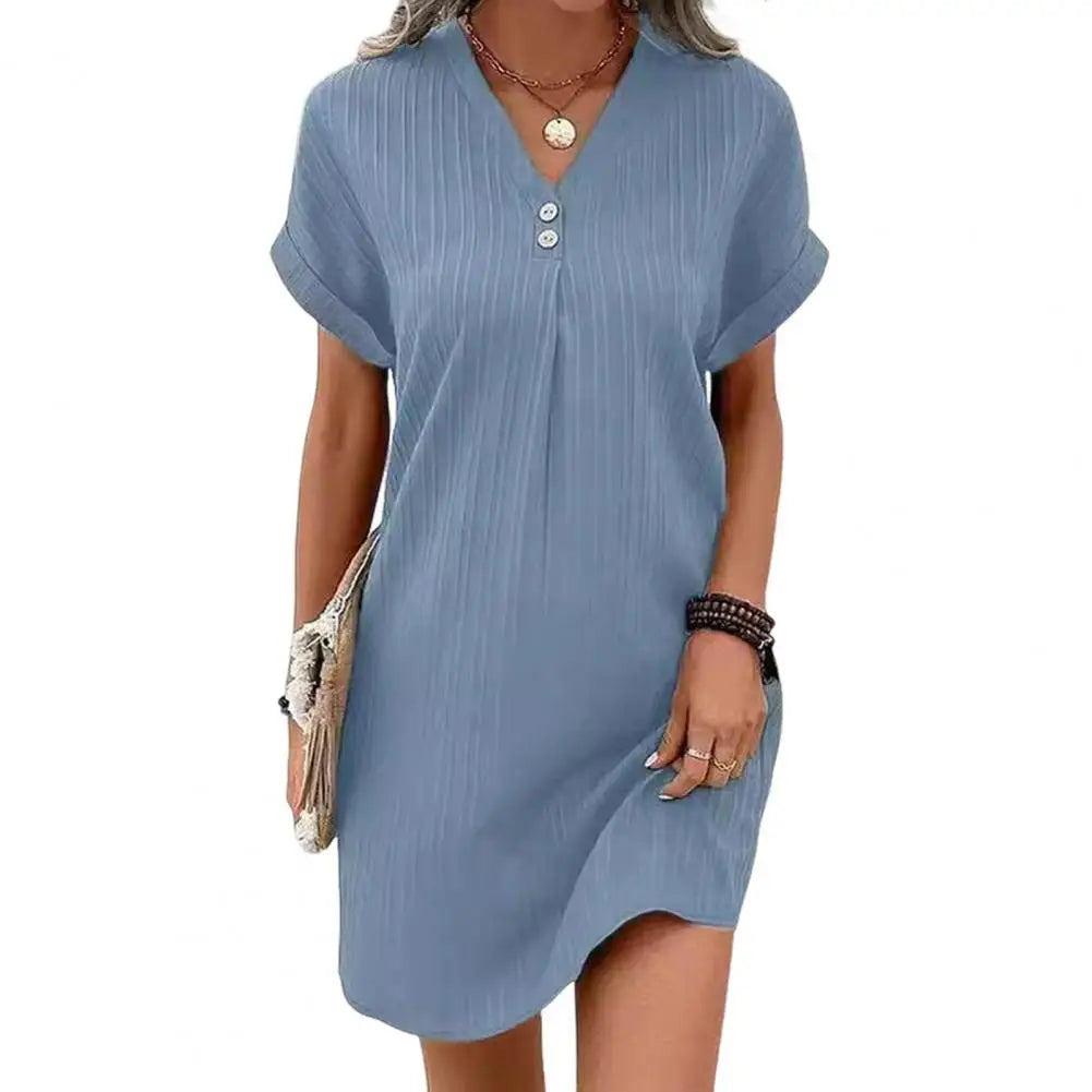 Summer Women Dress V Neck Button Short Sleeves Loose Casual Loose Fit Button Dress Summer Loose Lady Short Dress Women Dresses