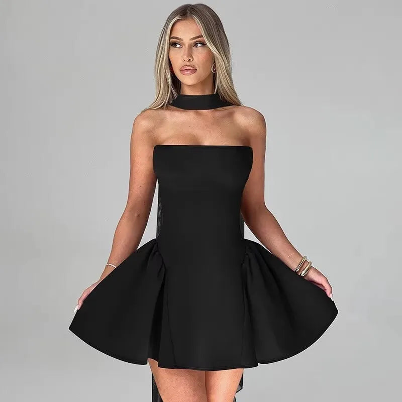 Pleated Dress Women Halter Mini Dress V Neck Backless Dress