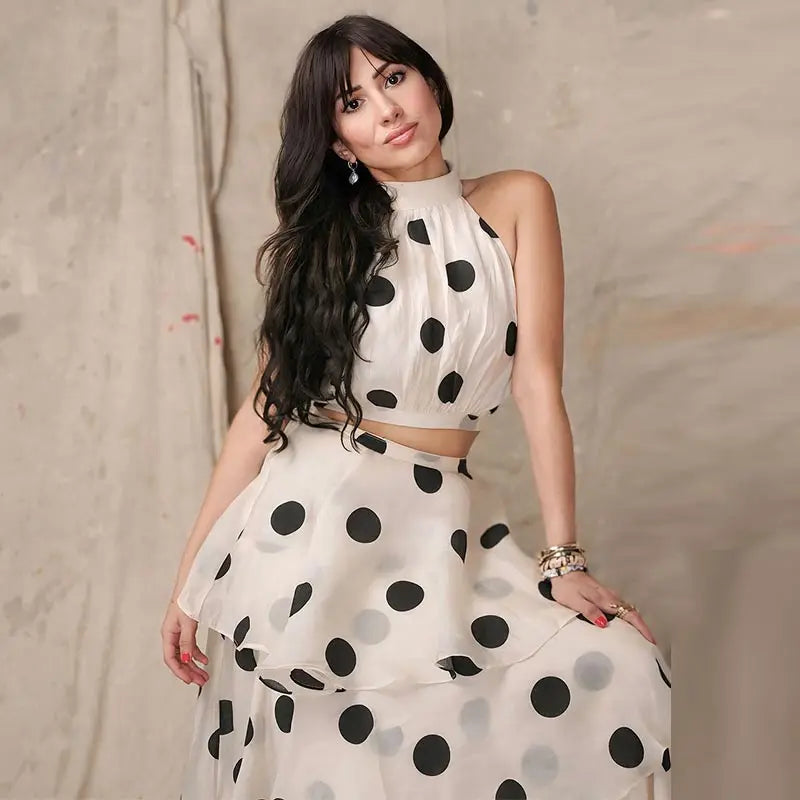 Sleeveless Crop Vest & Flowy High-Waist Skirt Polka Sway Luxe Co-Ord