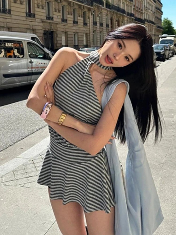 Bandage stripes Halter Ruffle Mini Dress