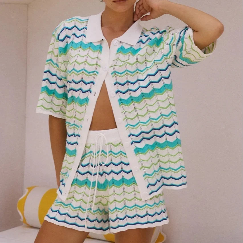 Casual Knitted Color Block Stripe Set Short Sleeve Open Cardigan Shorts Sweater Women's Fashion New Arrival 2024 Cross-Border