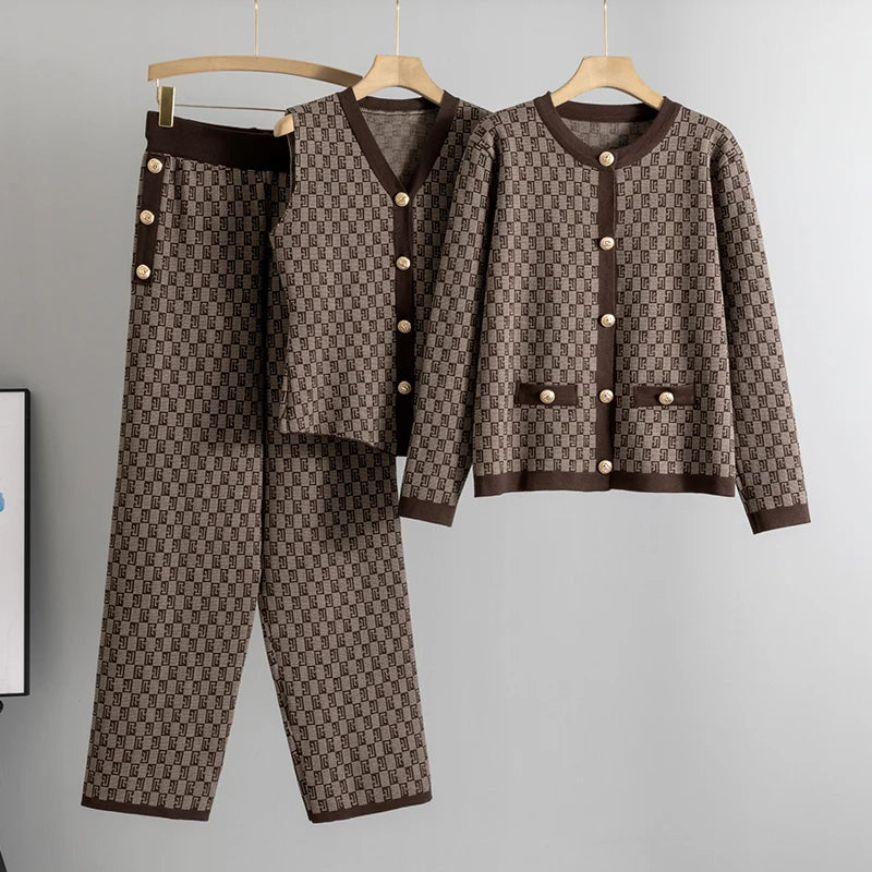 Elegant Three Piece Knitted Long Sleeve Sweater Coat, Single Breasted Vest & Matching Pants