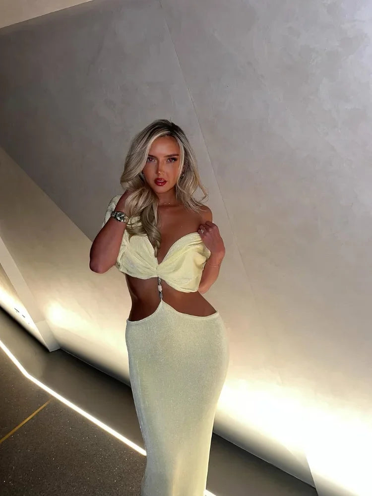 Women Elegant Strapless Hollow Waist Maxi Dress Fashion Backless Pleated Bodycon