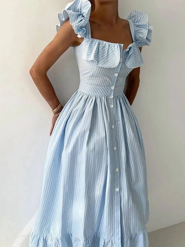 Flying Sleeves Striped Long Dresses Woman Elegant Single Breasted A-Line Robes Female Chic High Waist Summer Lady Robes Holiday