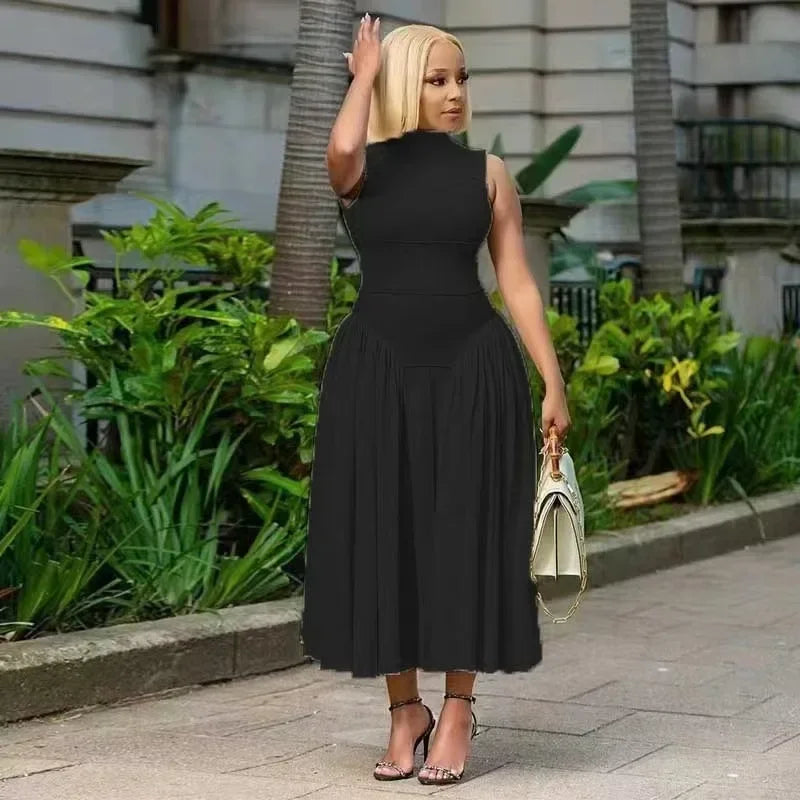 Women Ruched Side Sleeveless Pleated Maxi Dress