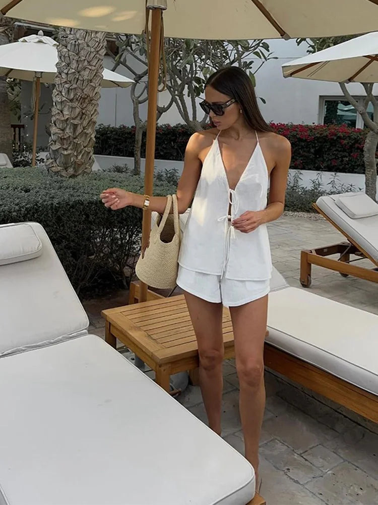 Tie-Back Top & Flow Shorts for Minimalist Summer Essence Luxe Loungewear Co-Ord