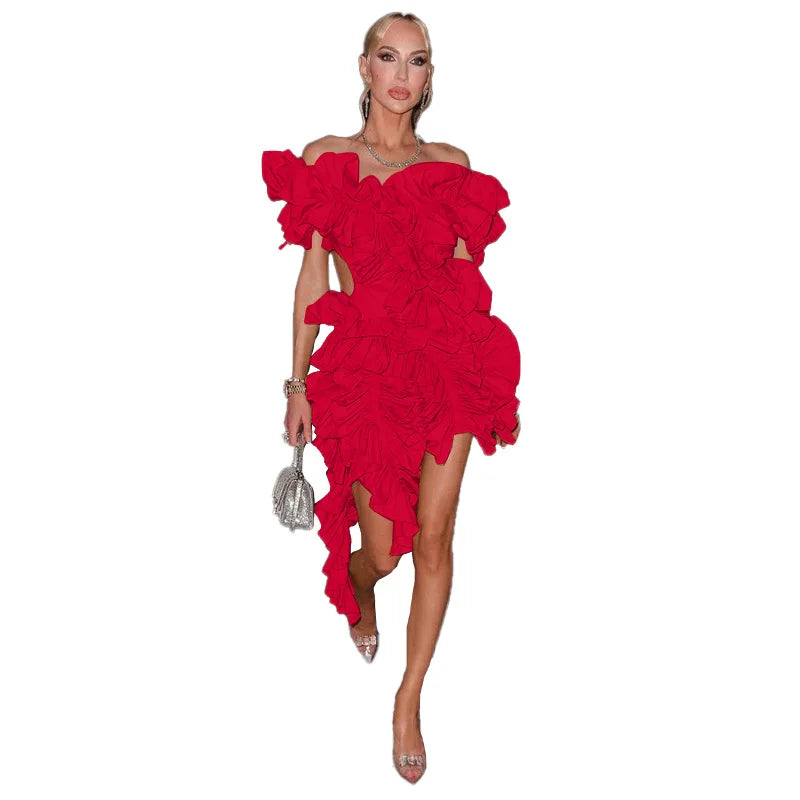 Women Strapless Ruffles Tassel Splicing Irregular Birthday Bodycon Midi Maxi Dress 2024 Even Sexy Party Dresses Vestidos