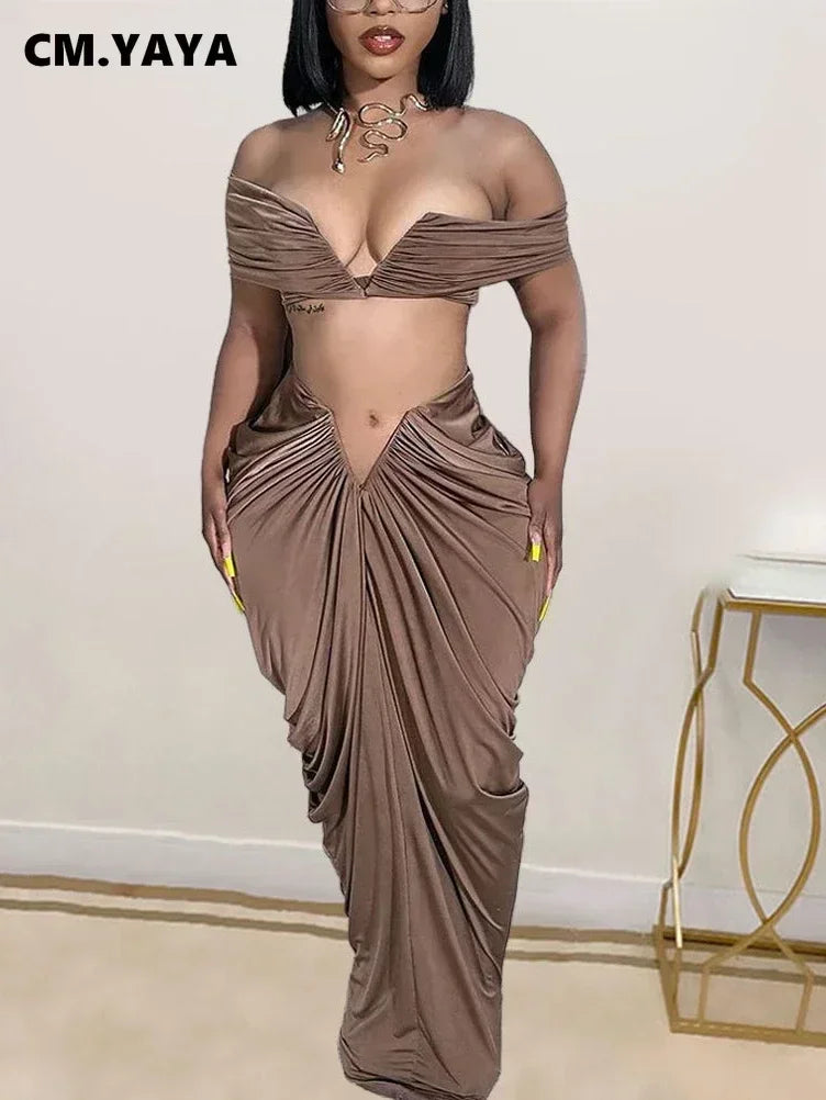 Off Shoulder Crop Top and Low Waist Maxi Long Skirts Two Piece Sets Outfits