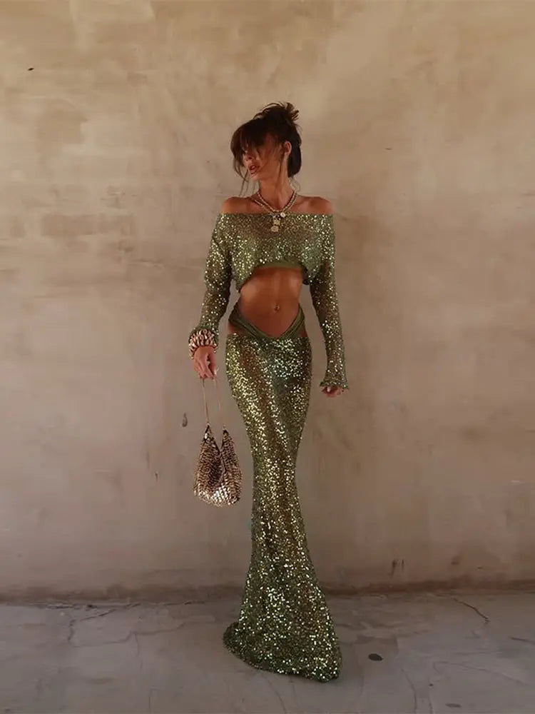 Glimmer Drape in Dazzle Two-Piece Sequin Sparkle Top & Flow Skirt