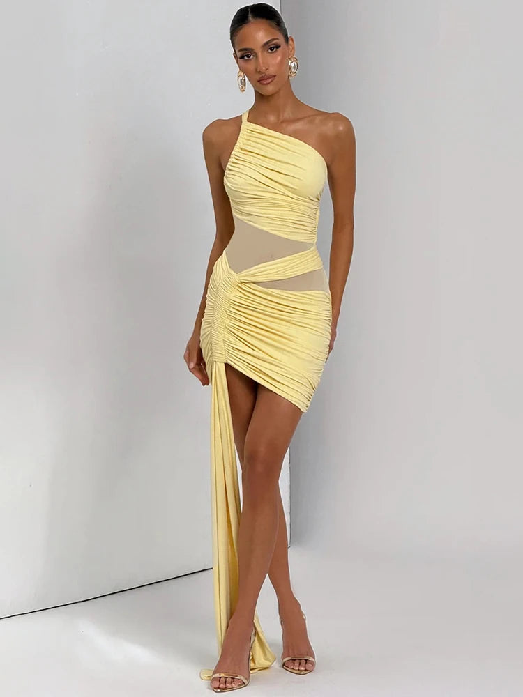 Velour Allure One-Shoulder Mesh Mini Dress