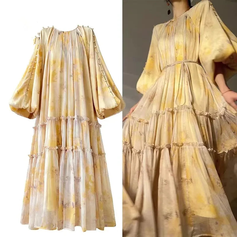 Women Lantern Long Sleeve Beading Chic Casual Loose Ruched Paraty Print Dress