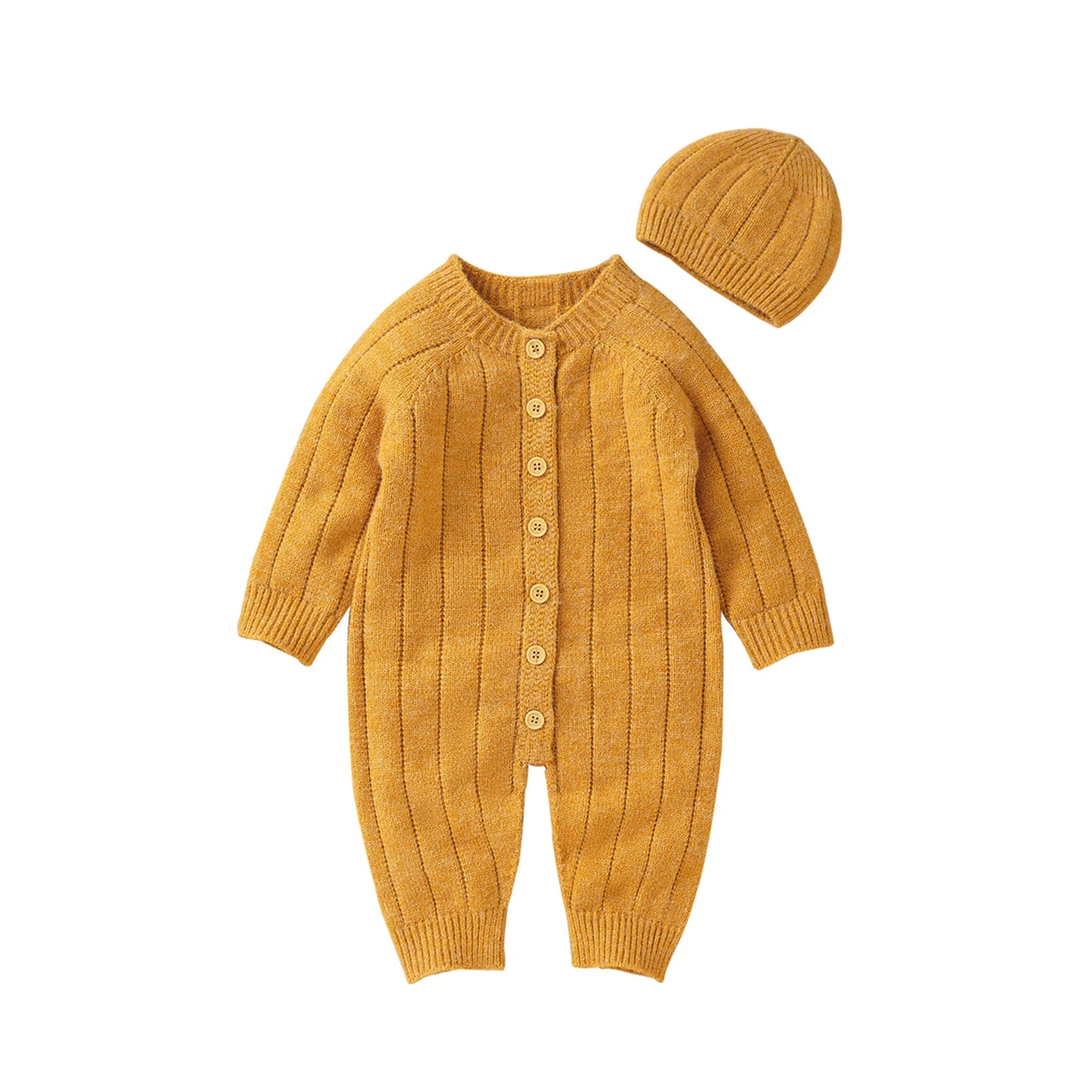 Baby Girls Boys Winter Jumpsuit and Cap Solid Color Long Sleeve Single-breasted Knitted Romper 0-18Months