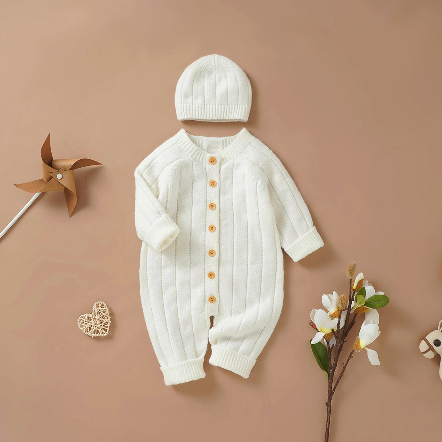Baby Girls Boys Winter Jumpsuit and Cap Solid Color Long Sleeve Single-breasted Knitted Romper 0-18Months
