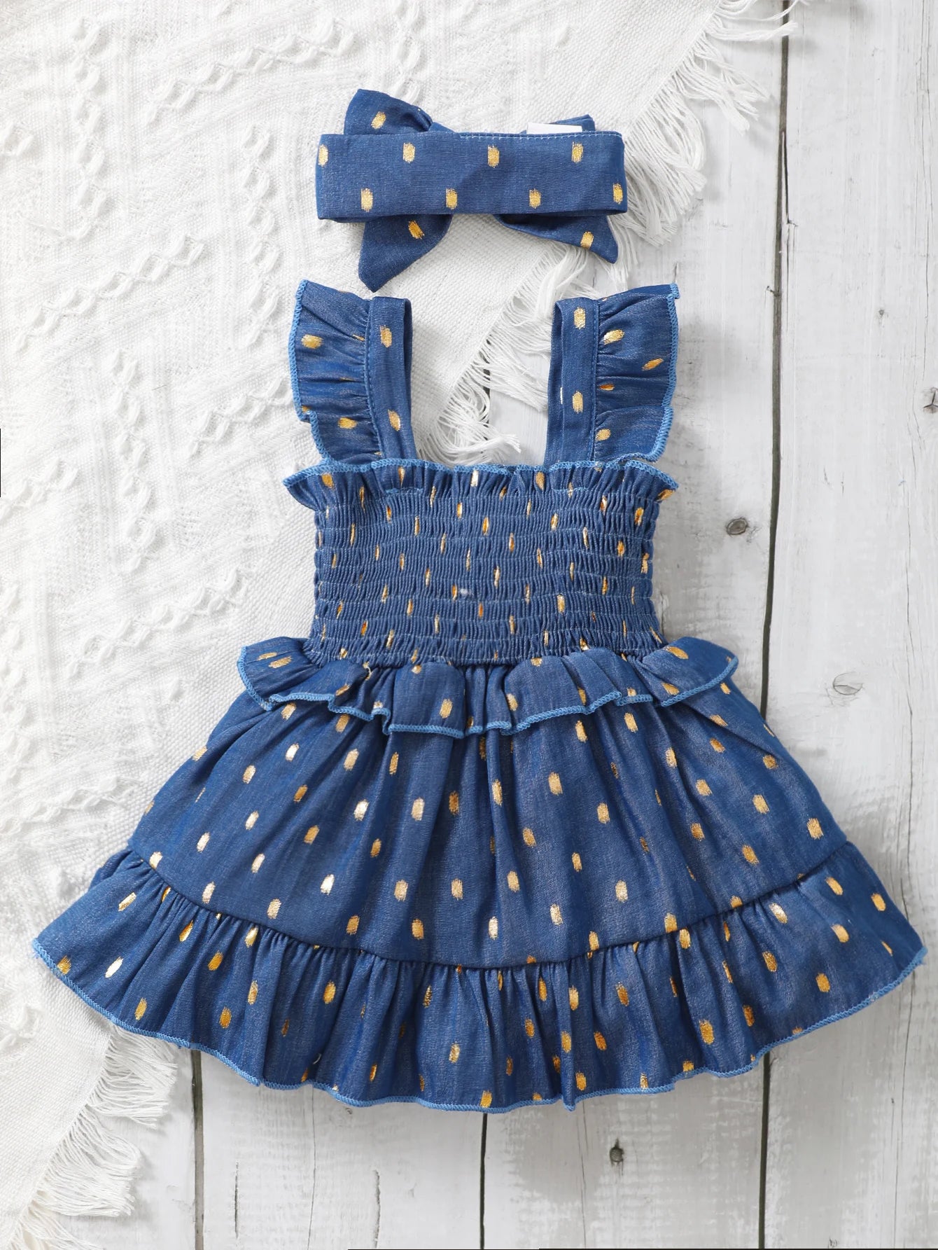 Baby Girl Golden Dot Slip Blue Princess Dresses with Headband Set