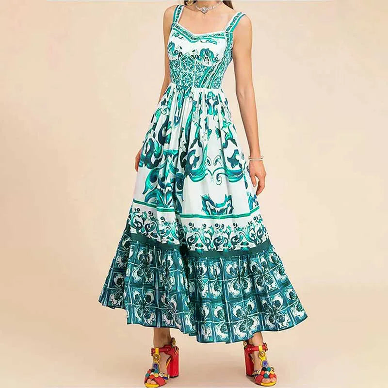 Women's Fashion Bohemian Elegant Light Luxury Mid length Printed Strap Dress