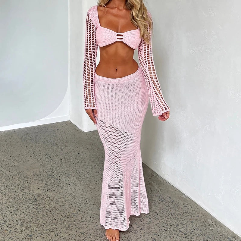 Bare Bliss Vintage Chic Tie-Up Backless Top + Hollow-Out Long Skirt Co-Ord