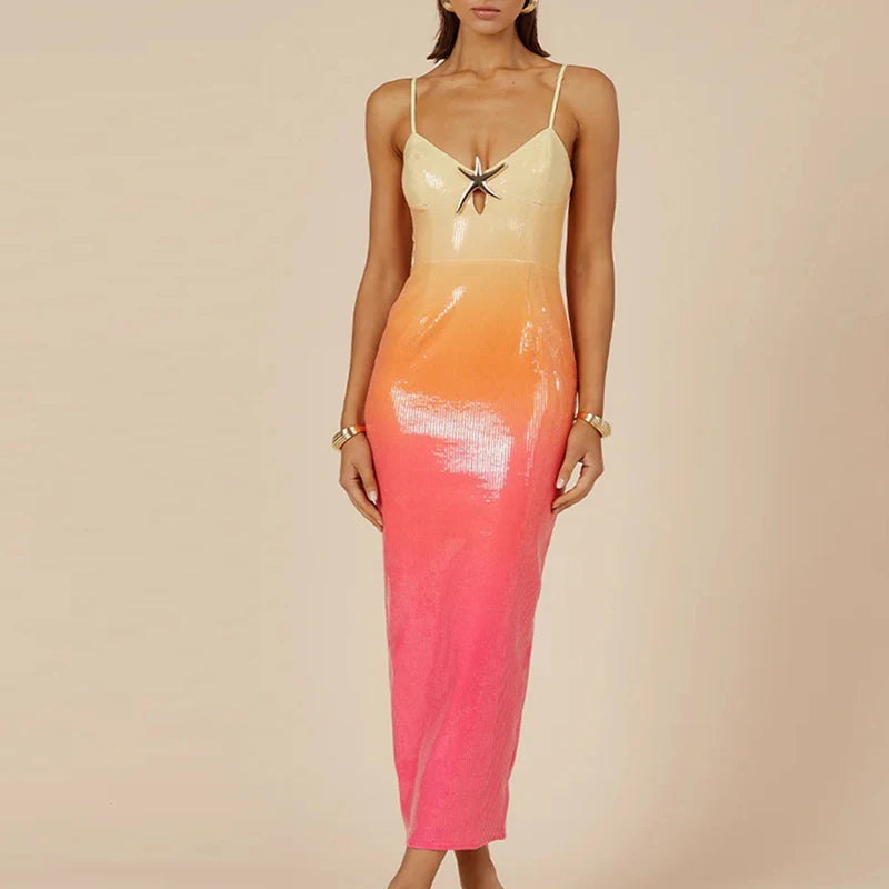 Fashion Sequin Slim Split Long Dresses Elegant Gradient Sleeveless Dress