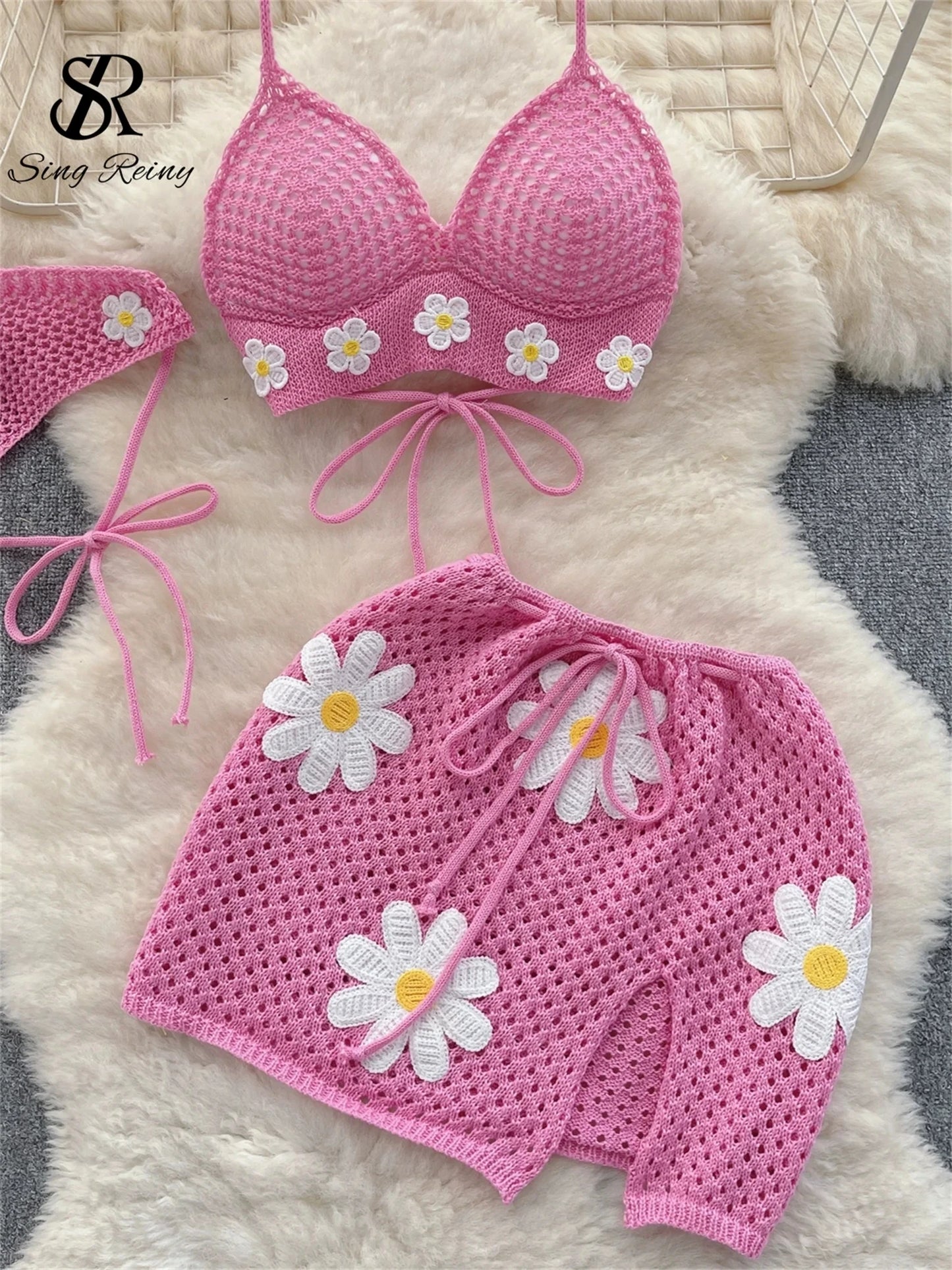 SINGREINY Korean Hollow Out Knitted Suits Women Halter Lace Up Bow Backless Tank Top+Drawstring Split Mini Skirt Two Pieces Sets