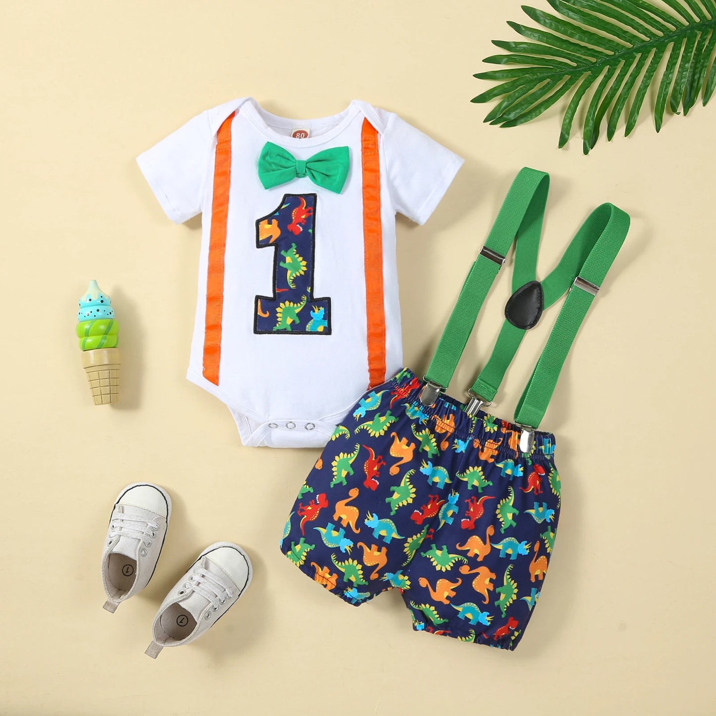 Baby Boys Birthday Outfits Sets Balloon Letter"1" Bodysuit and Y-back Suspender Shorts 1 Year Birthday Baby