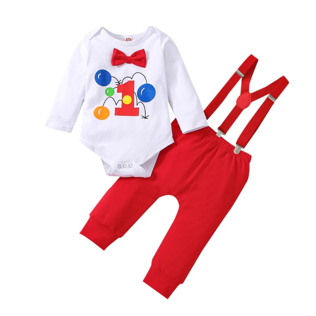 Baby Boys Birthday Outfits Sets Balloon Letter"1" Bodysuit and Y-back Suspender Shorts 1 Year Birthday Baby