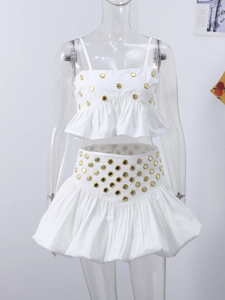 Hollow Out Crop Tank Pleated Skirt Sets Women Ring Bead Strap Sleeveless Backless Vest A-line Skrits Suits 2025 Spring Street