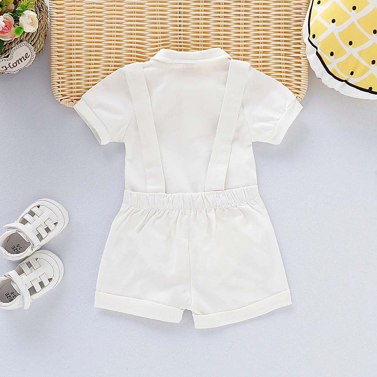 Gentlemen Clothes Set Bowtie Short Sleeve Cotton Romper+Suspender Pant Toddler