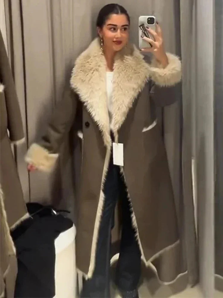 Women's Faux Fur Warm Coat Double-sided Wear Loose Lapel Long Sleeve Single Button Pocket Casual Overcoat Winter Chic Coat