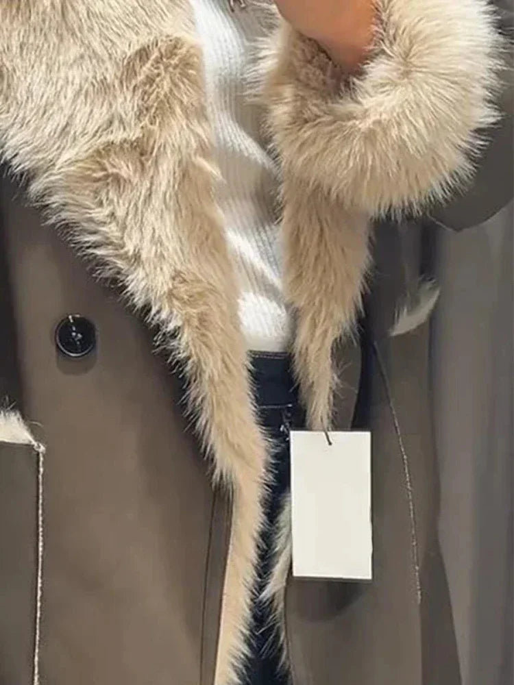 Women's Faux Fur Warm Coat Double-sided Wear Loose Lapel Long Sleeve Single Button Pocket Casual Overcoat Winter Chic Coat