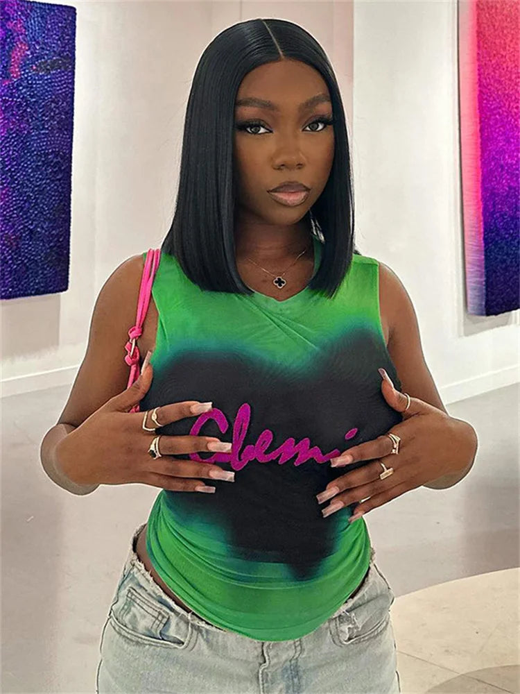 Tie Dye Printed Sleeveless Tank Top Sexy Mesh See Through Crop Tops Women