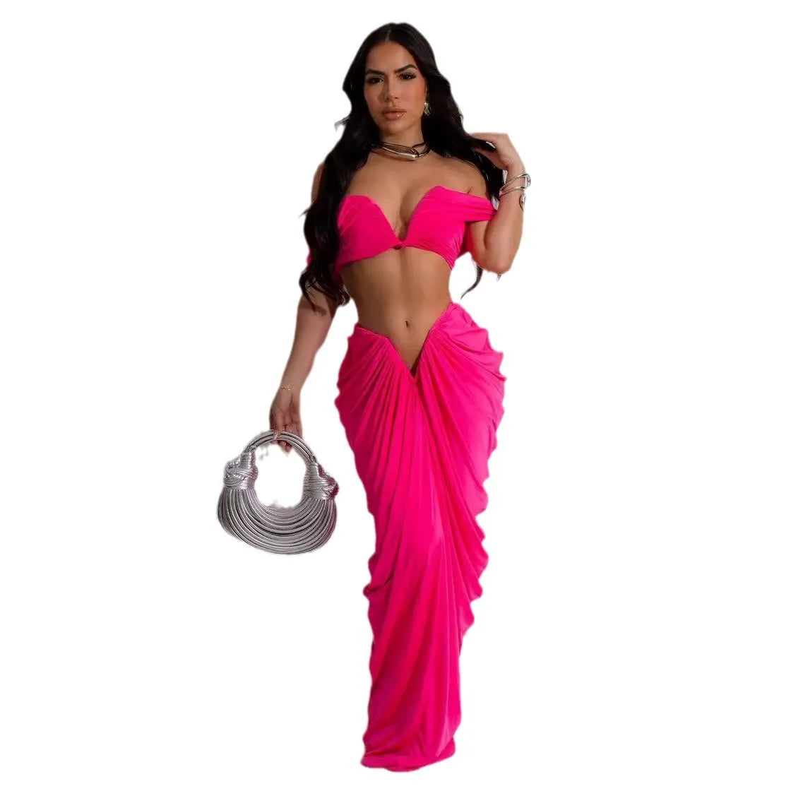 Off Shoulder Crop Top and Low Waist Maxi Long Skirts Two Piece Sets Outfits
