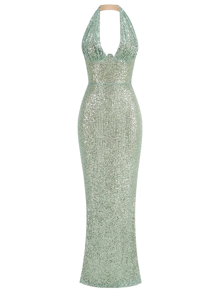 Halter Deep V Neck Sequins Green Sleeveless Backless Sequined Slim Long Maxi Dress