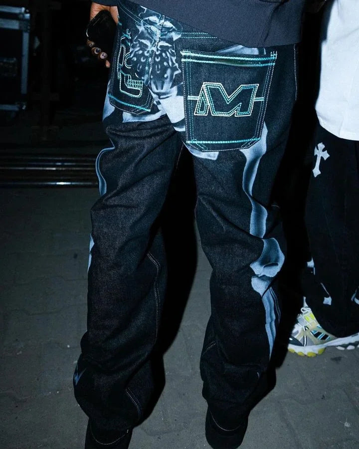 Streetwear Jeans Retro Hip Hop Letter Graphic Print Baggy Jeans Black Pants Wide Leg Trousers