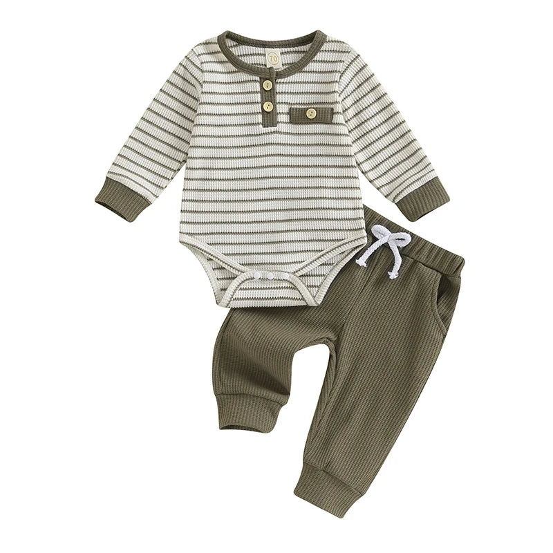 Newborn Baby Boy Girl Fall Winter Clothes Waffle Knit Striped Romper Long Pants Set Home Outfit