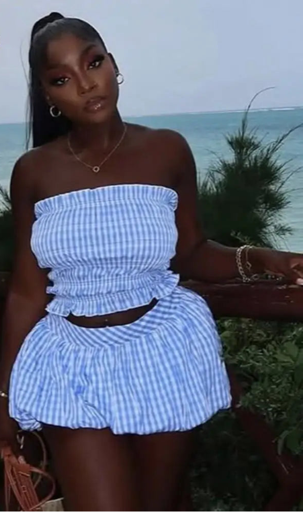Strapless Crop Tank Top and Mini Puffy Skirt Plaid Two-Piece Set